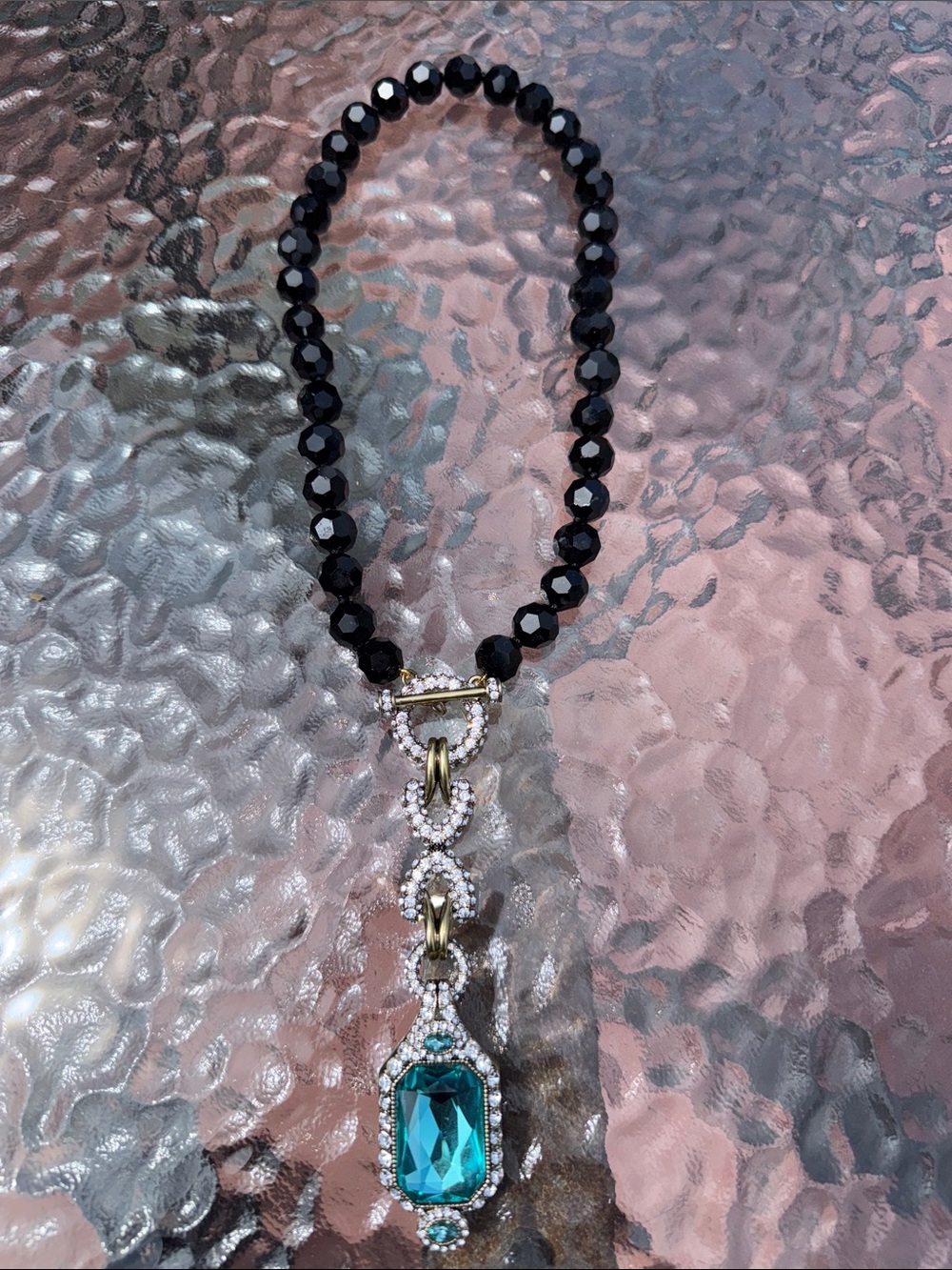 Heidi Daus Elegant Black Bead Necklace with Teal Crystal Pendant